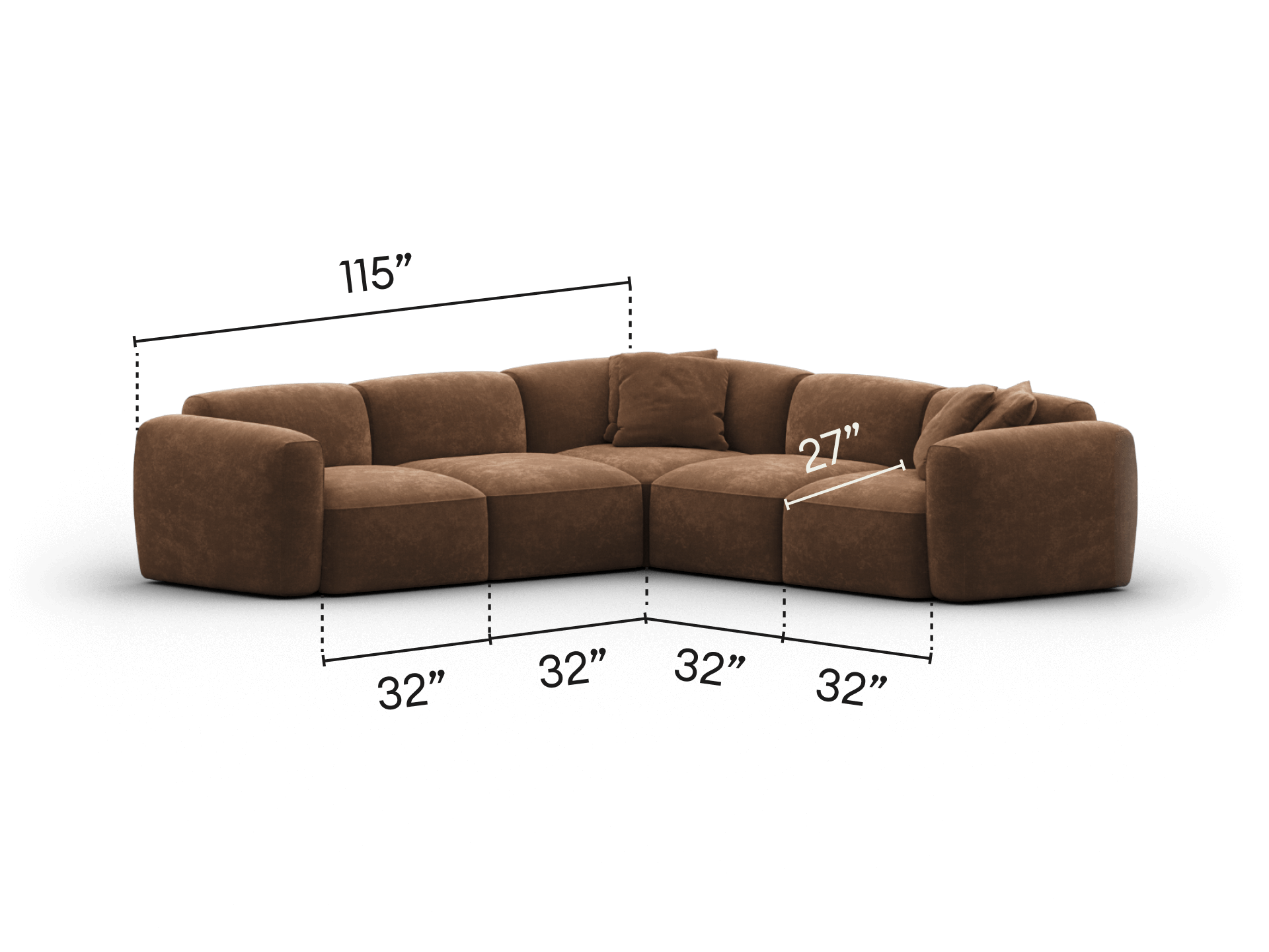 Luxurious corner sectional sofa in rich brown velvet, featuring modular design with plush cushions. Perfect for spacious, contemporary living areas.