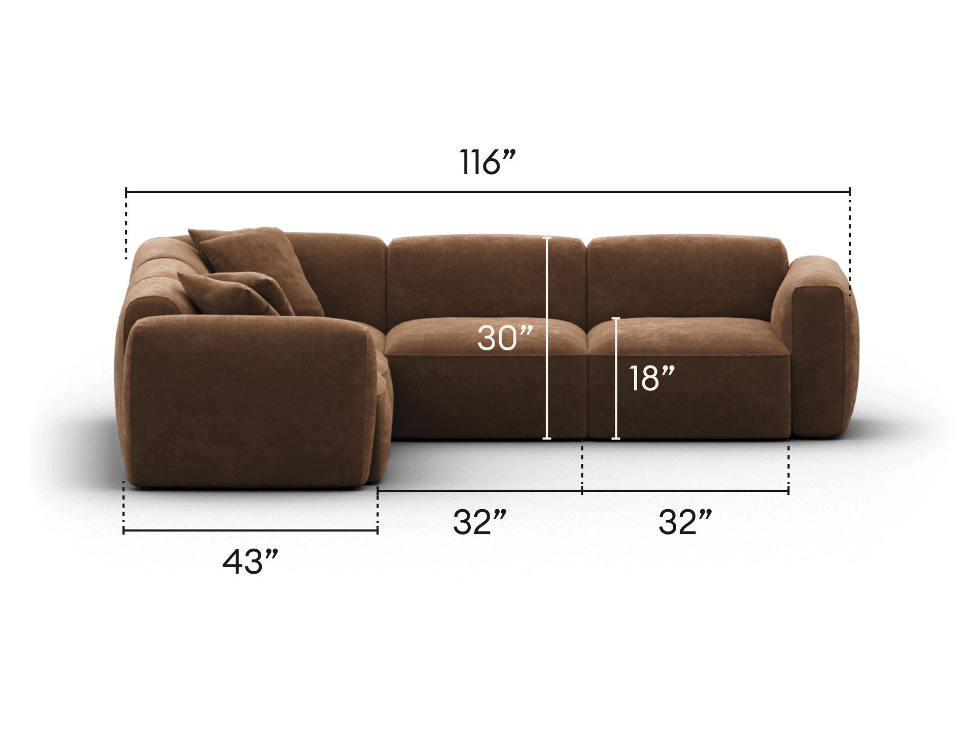 Luxurious brown velvet sectional sofa with plush cushions, deep seating, and modern silhouette, perfectly suited for high-end living spaces.