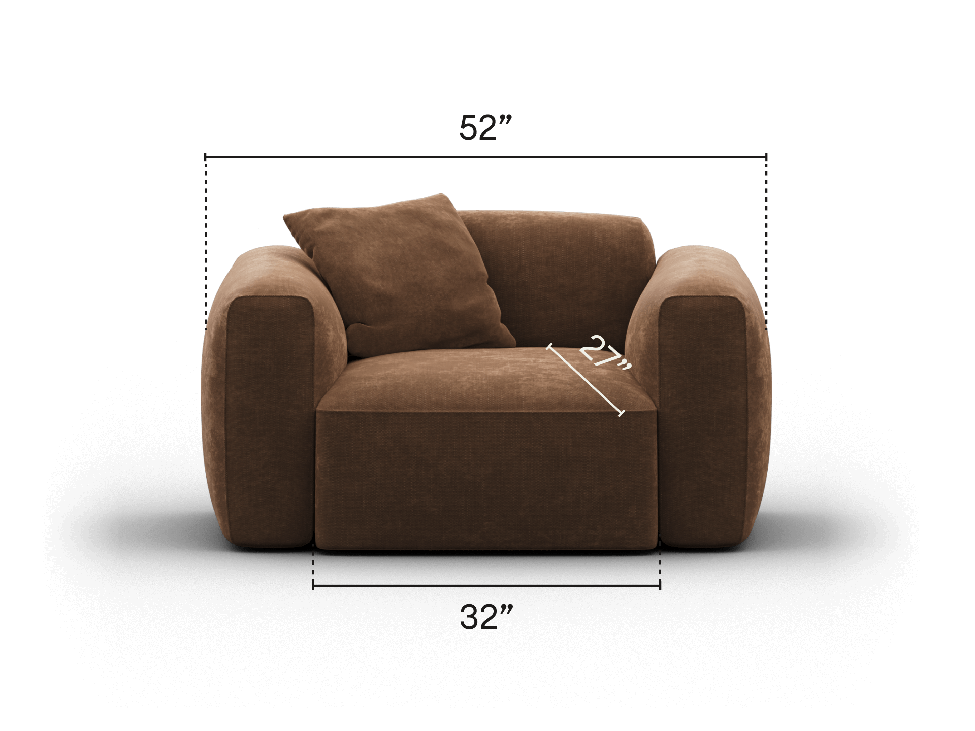 Luxurious brown velvet armchair featuring plush cushioning, rounded arms, and deep seating. Perfect for modern living spaces seeking comfort and style.