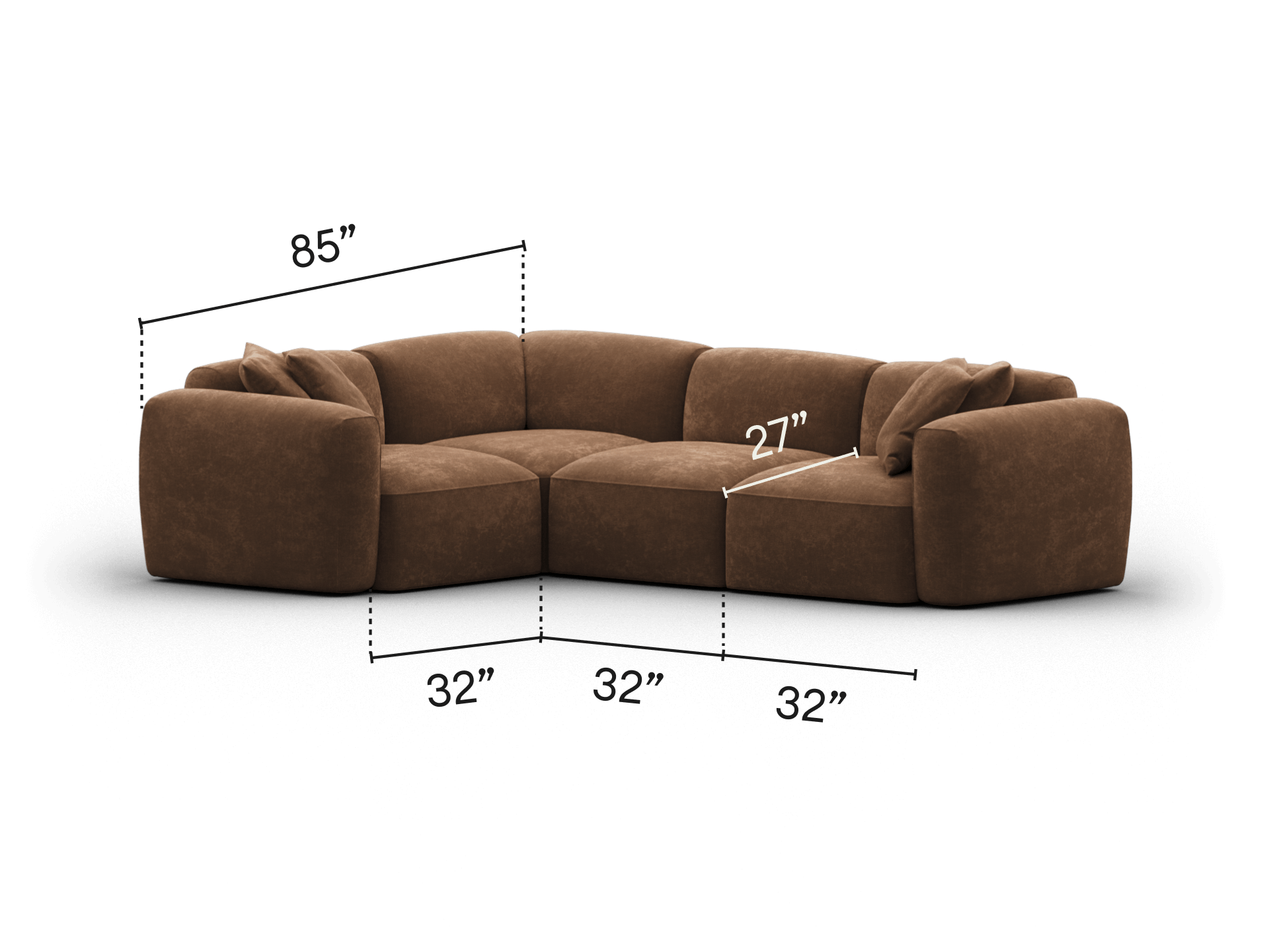 Luxurious modular sectional sofa in rich brown textured fabric. Features a plush, curved design with soft armrests, ideal for spacious living areas.