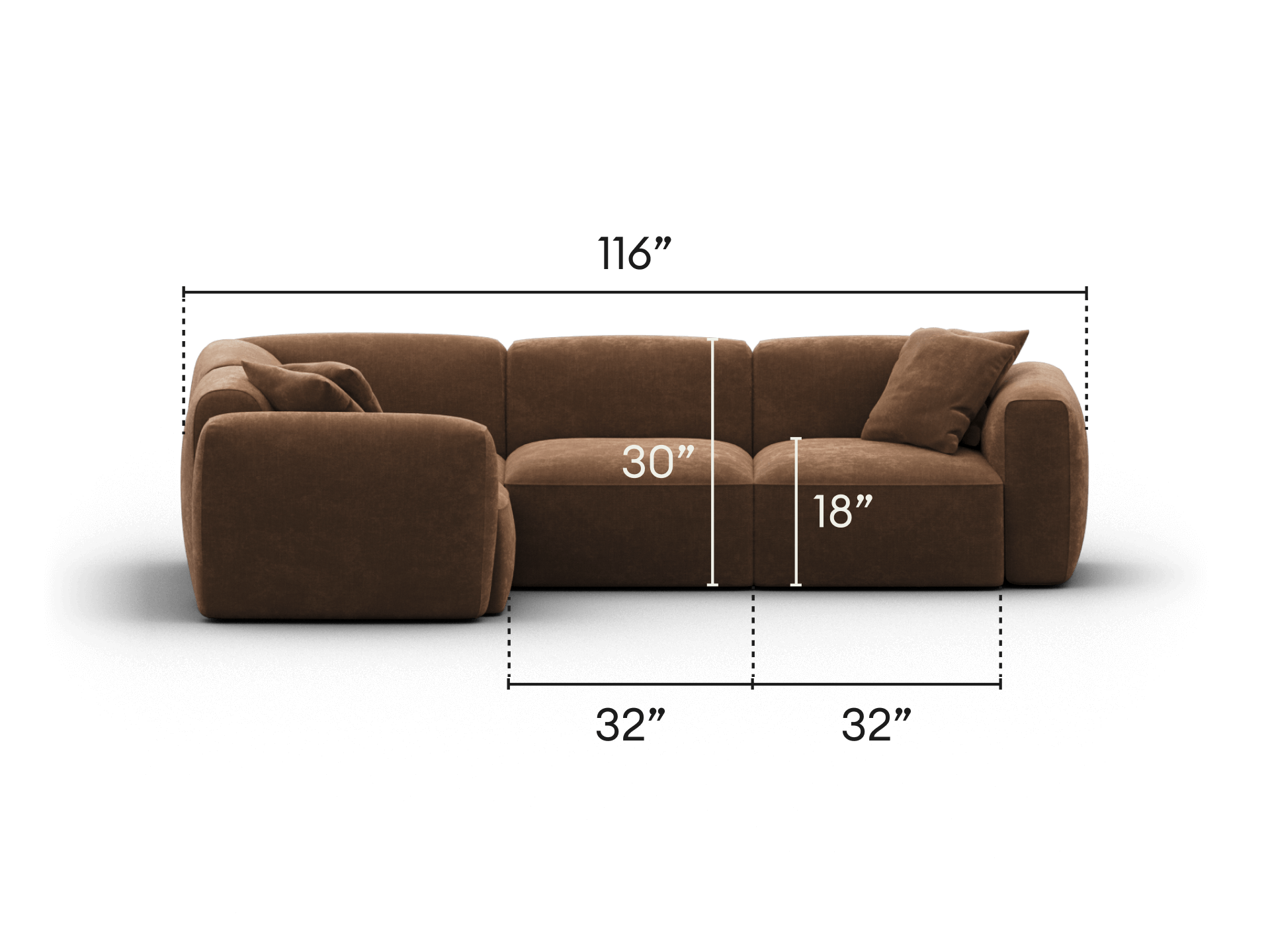 Luxurious brown velvet modular sofa with plush, rounded cushions. Seamlessly combines modern elegance with comfort, ideal for spacious living areas.