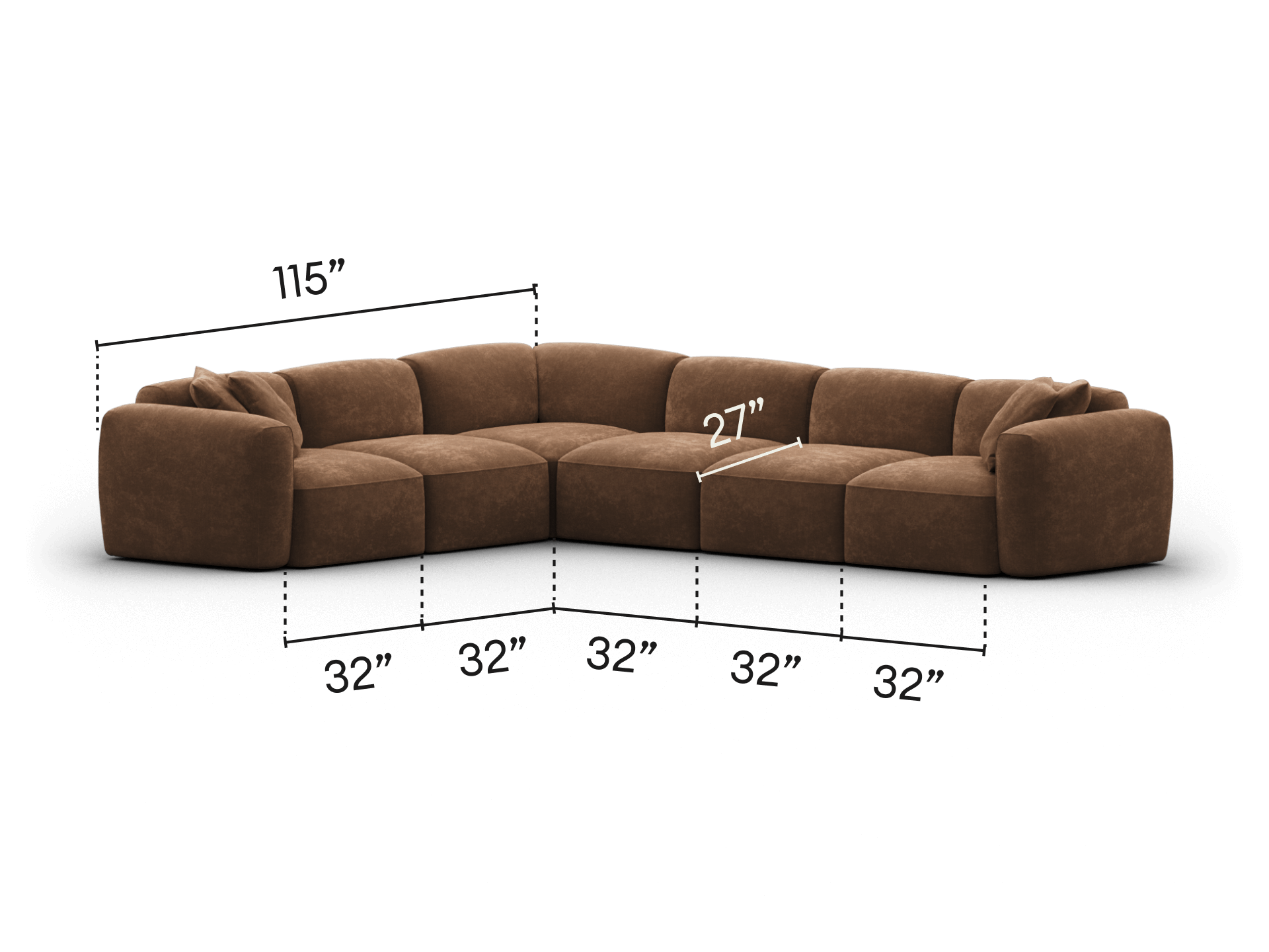 Luxurious brown suede modular sectional sofa, featuring plush cushioning and a versatile L-shape design, perfect for a sophisticated living room.