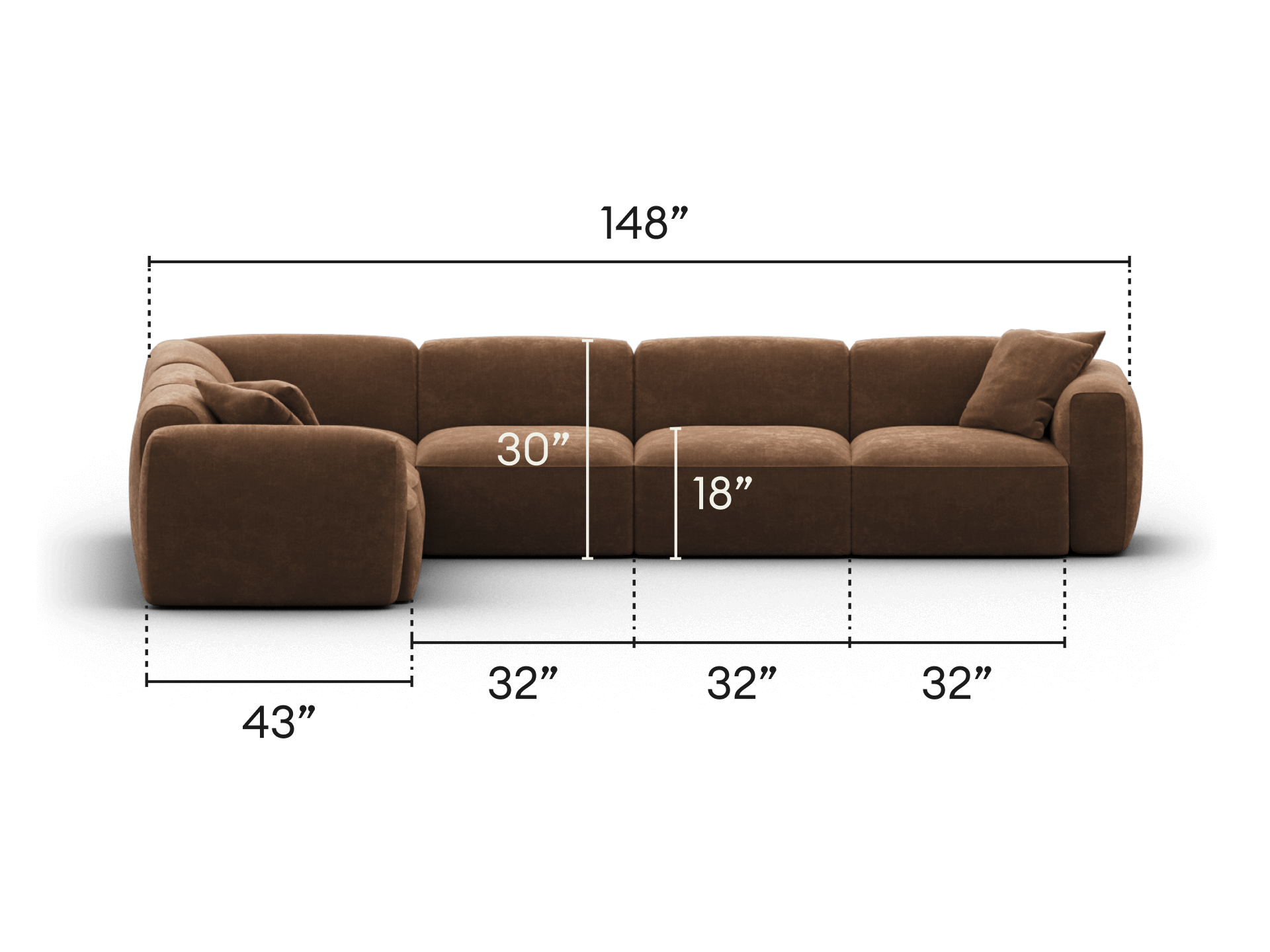 Luxurious brown velvet sectional sofa with plush, deep seats and clean lines, offering sophisticated comfort. Perfect for modern living spaces.