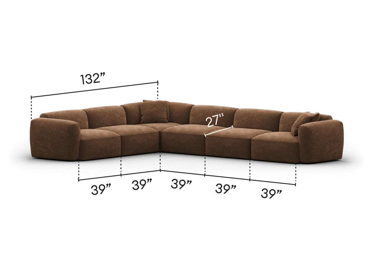 Luxurious brown leather sectional sofa with deep seats and plush cushions. Features modular design, perfect for modern living spaces.