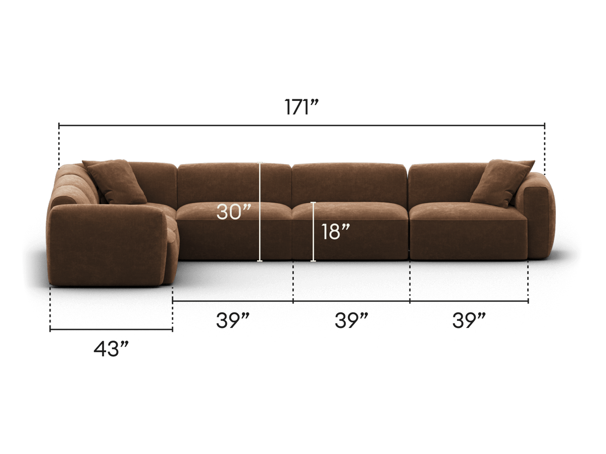 Luxury modular sectional sofa, featuring plush brown upholstery and minimalist design. Perfect for spacious, contemporary living areas.