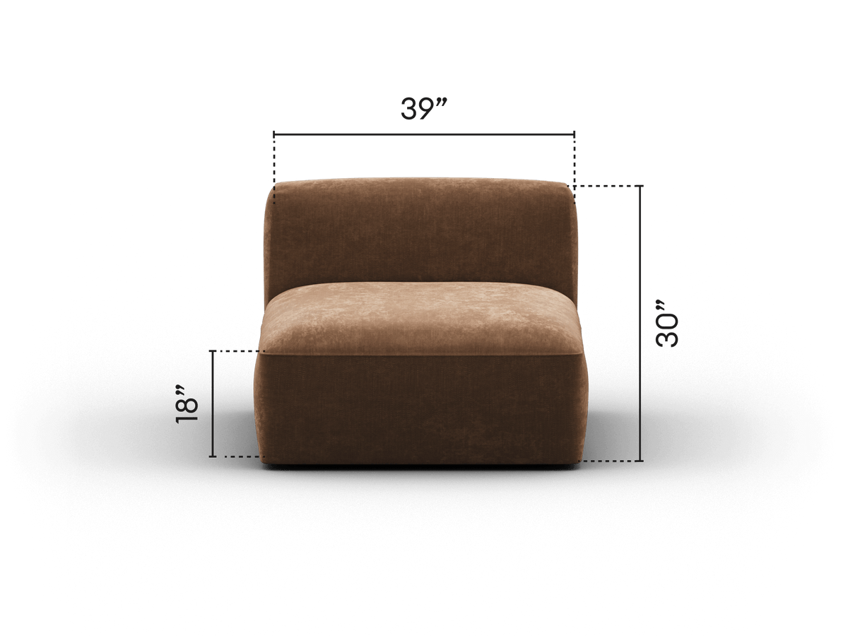Luxurious armless chair with plush brown suede upholstery. Sleek lines and deep seating create a sophisticated touch, ideal for a chic, modern living space.