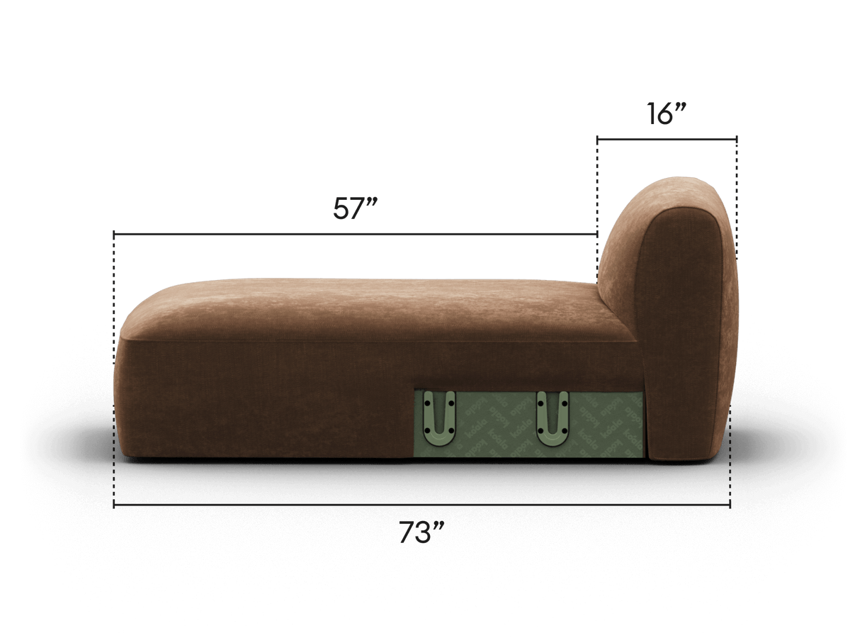 Plush brown chaise lounge in premium fabric, featuring sleek curved backrest, discreet under-seat storage, and stylish green accents. Perfect for modern interiors.