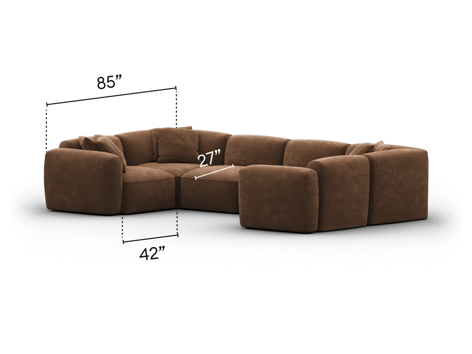 Luxurious brown sectional sofa featuring plush fabric upholstery, deep cushions, and modular design. Perfect for a spacious, contemporary living room.