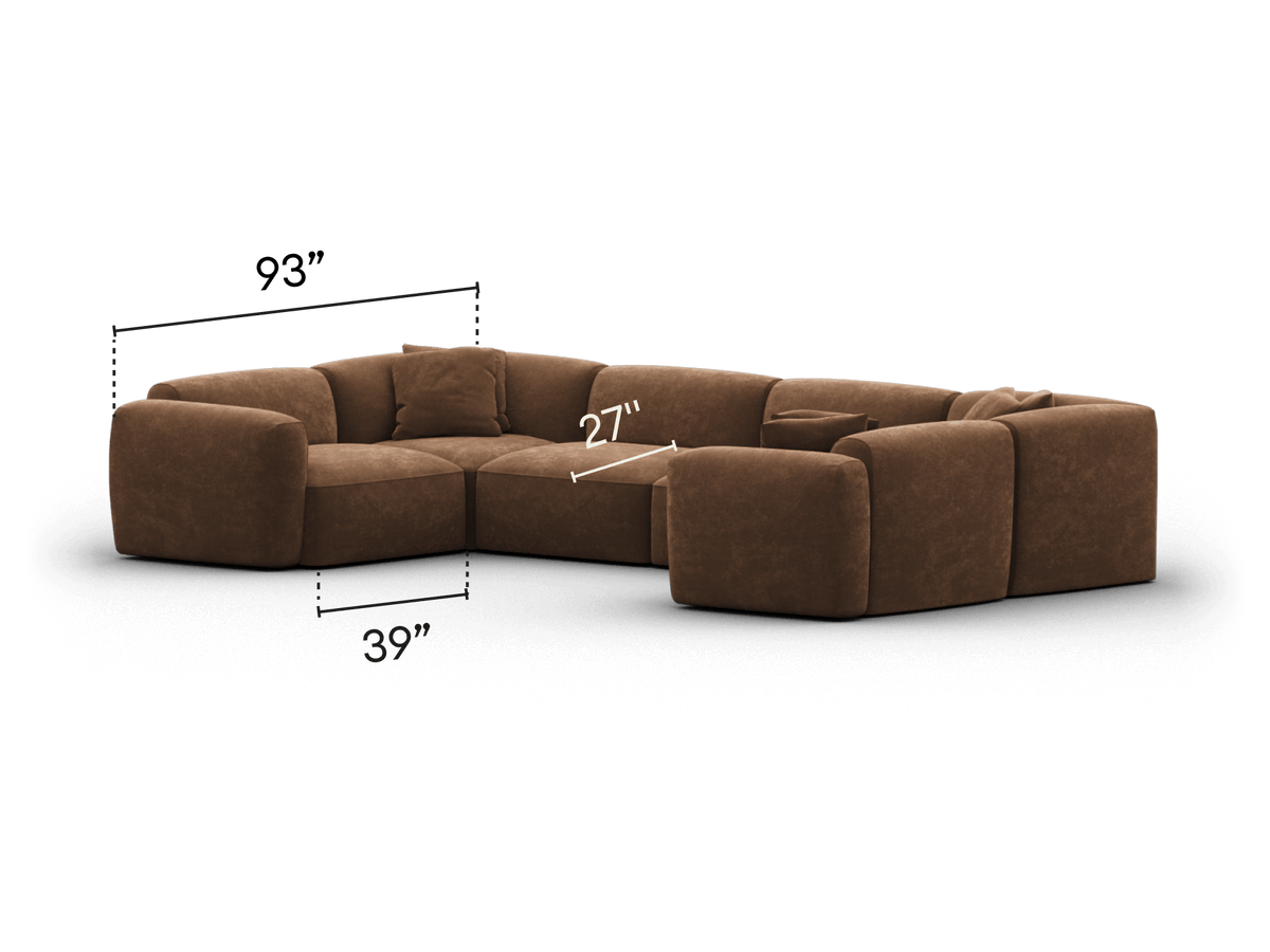 Luxurious brown fabric sectional sofa with deep, cushioned seats. Plush cushions, modern curves in a spacious 98x98-inch configuration.