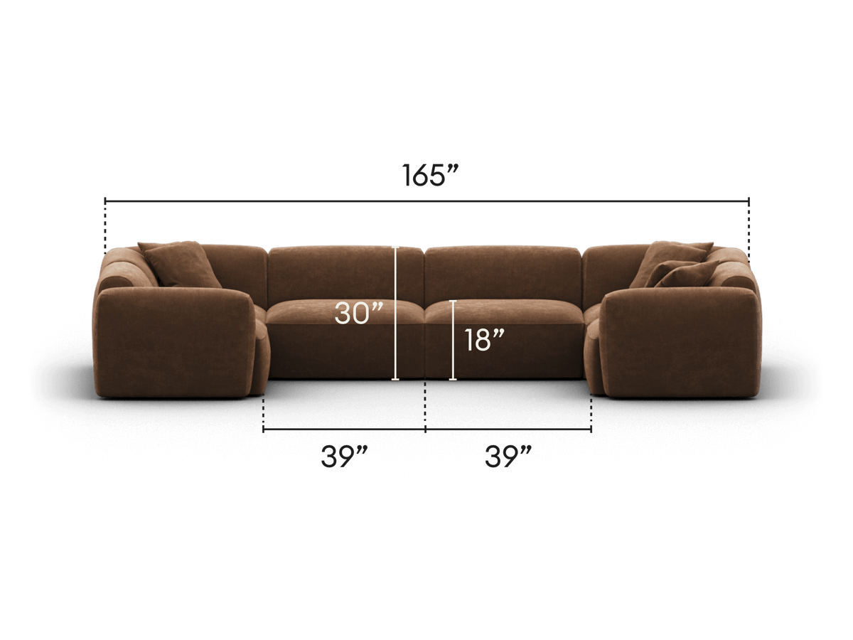 Luxurious brown velvet modular sectional sofa, featuring plush deep seating and sleek low-profile design, perfect for spacious modern living areas.
