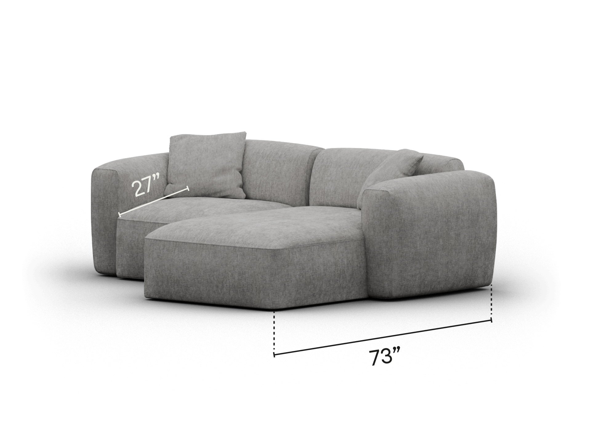 Modern grey sectional sofa with plush fabric upholstery, featuring deep seats and modular design. Ideal for spacious, contemporary living areas.