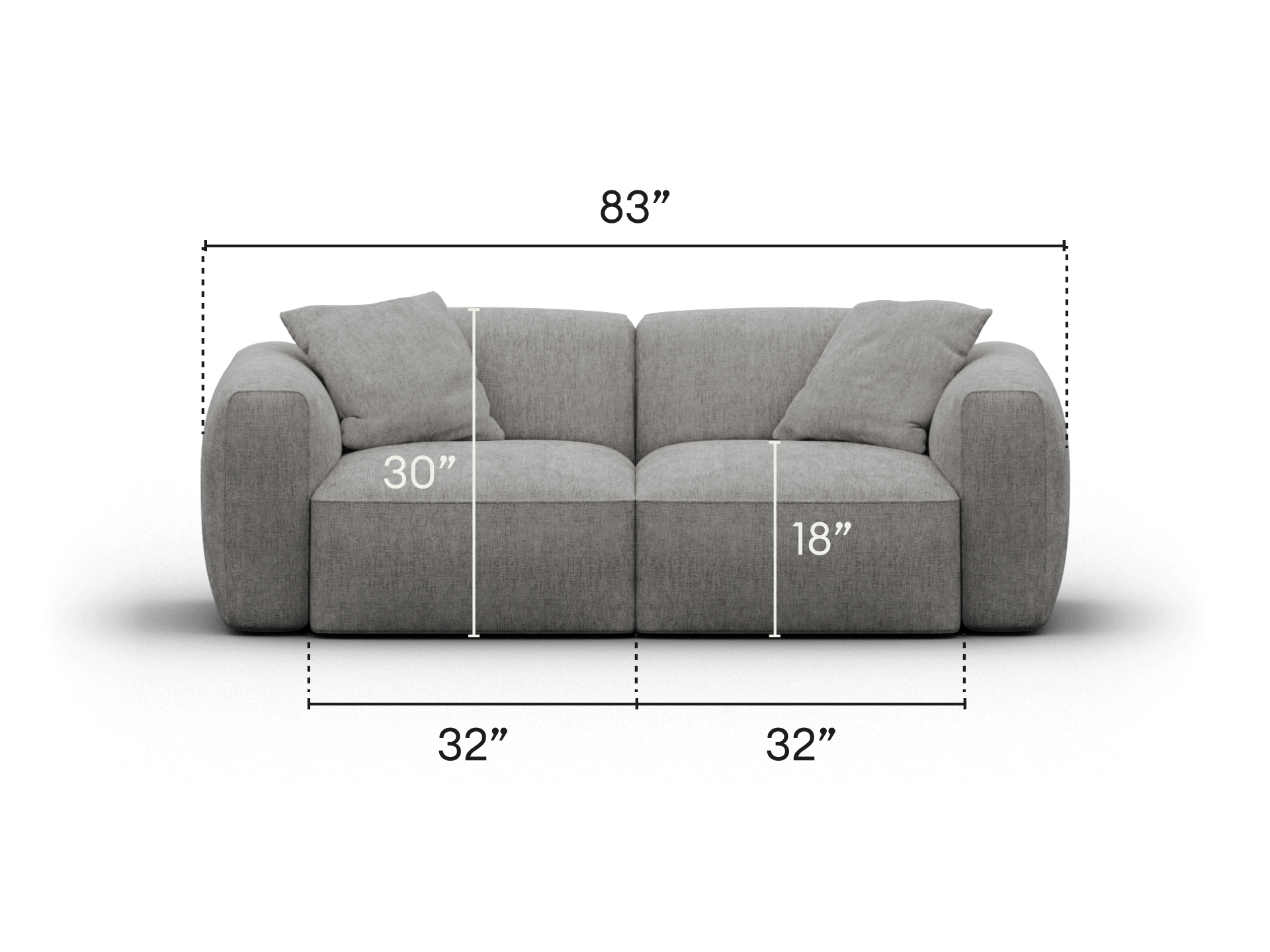 Luxurious grey sofa, upholstered in premium fabric, features plush cushions, wide armrests, and a deep seat. Ideal for a modern, elegant living space.