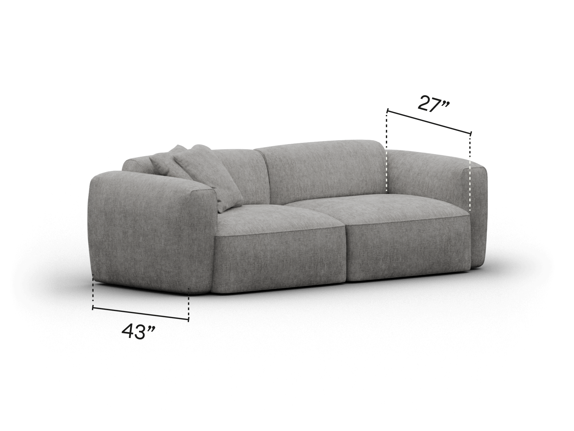 Plush grey fabric sofa with deep, cushioned seats and wide armrests. Features a minimalist design, ideal for contemporary living spaces.