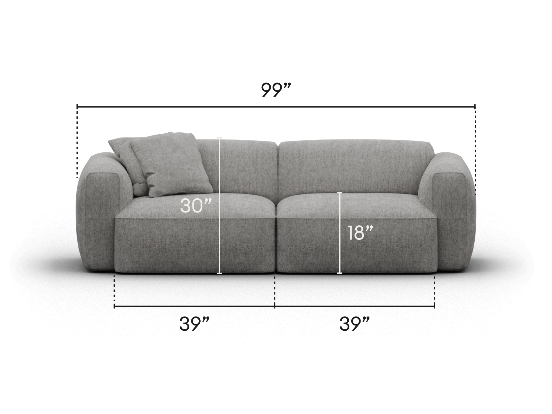 Elegant grey fabric sofa with plush cushions, rounded arms, and deep seating. Modern design, perfect for luxurious living spaces. Measurements included.