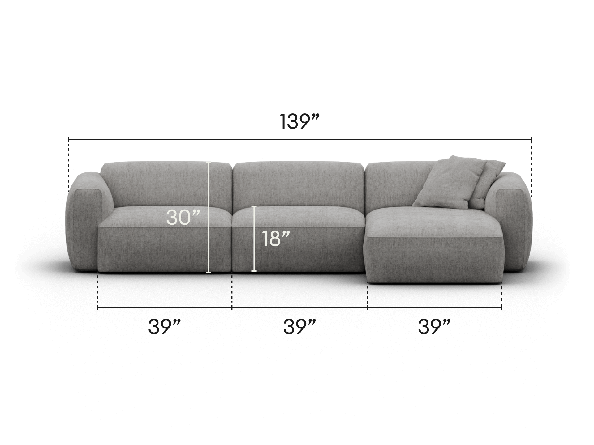 Luxurious modular grey fabric sofa, featuring plush cushions, generous seating, and a sleek, contemporary design. Ideal for a spacious living room.