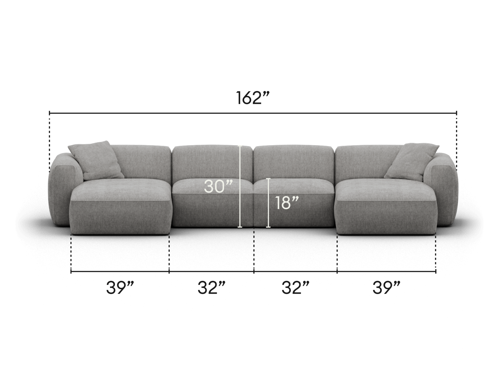Luxurious modular sofa in premium grey fabric, featuring plush cushions and a sleek, contemporary design. Perfect for spacious, upscale living areas.