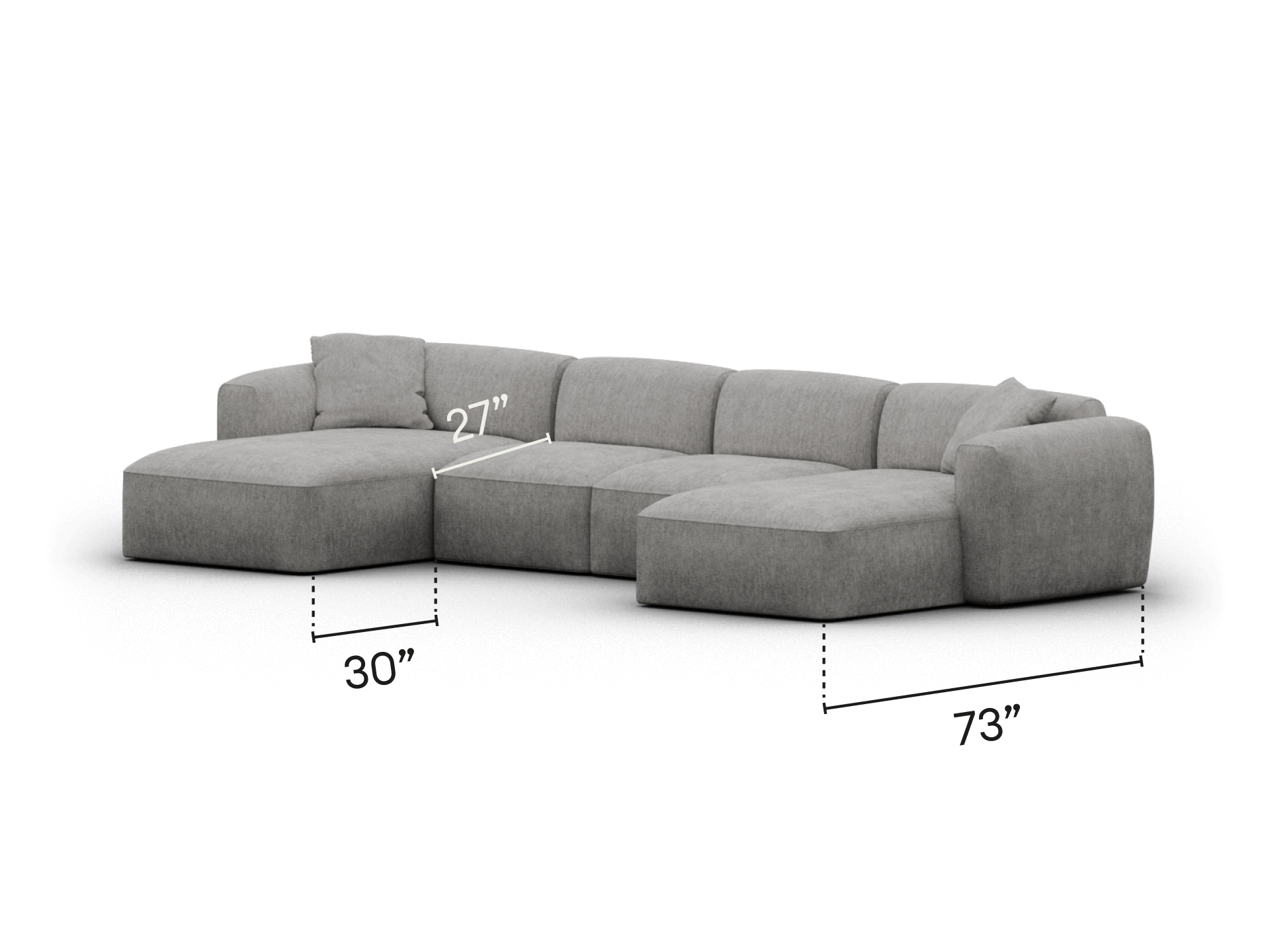 Luxurious L-shaped sectional sofa in soft grey fabric, featuring plush cushioning and wide chaise, perfect for spacious contemporary living rooms.