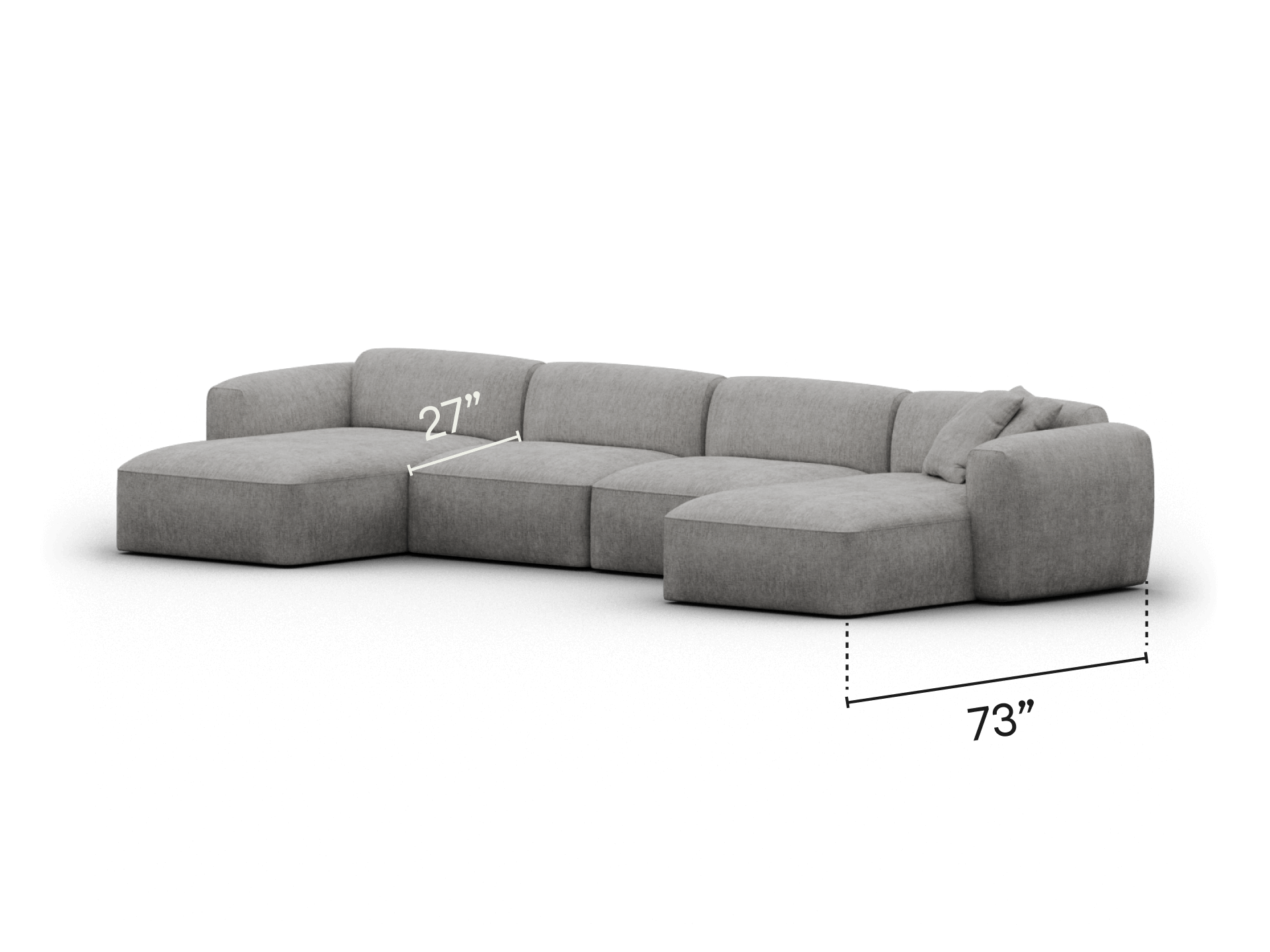 Luxe grey sectional sofa in plush fabric with deep seating and wide armrests, set in a contemporary living space. Ideal for spacious interiors.