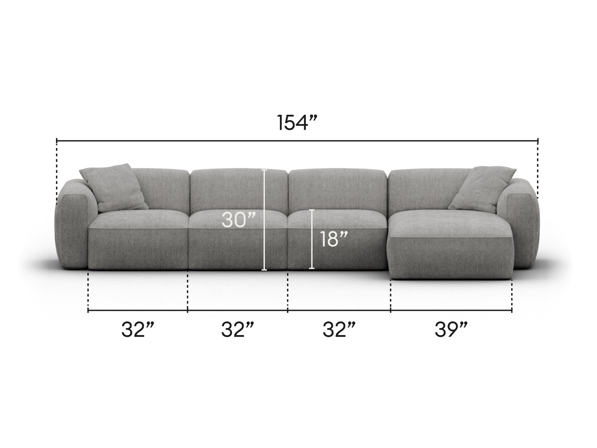 Premium grey fabric sectional sofa with chaise, featuring plush cushions and rounded armrests. Ideal for a spacious modern living room.