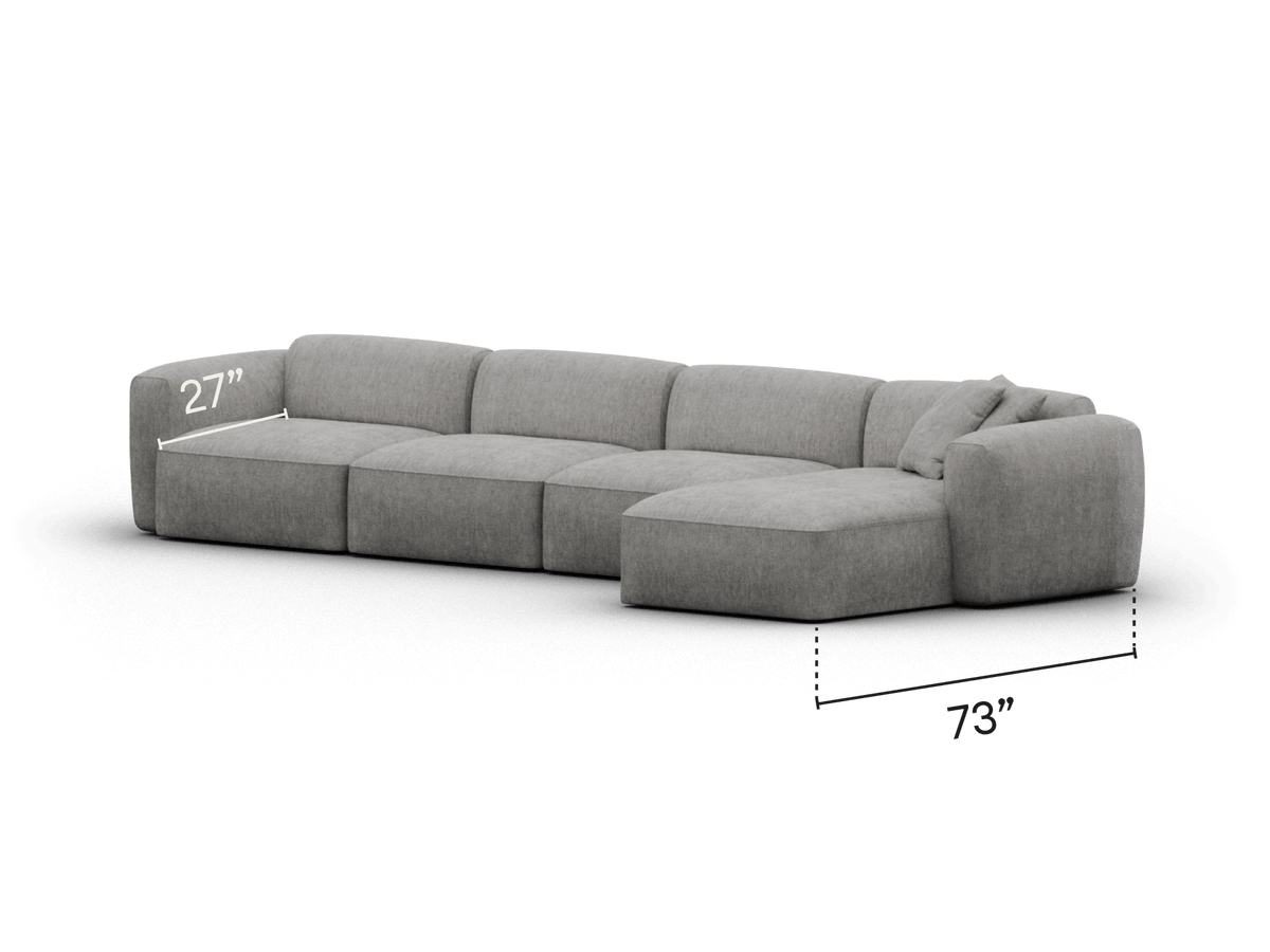 Luxurious grey sectional sofa in premium upholstered fabric, featuring wide modular design and plush cushions, tailored for sophisticated living spaces.