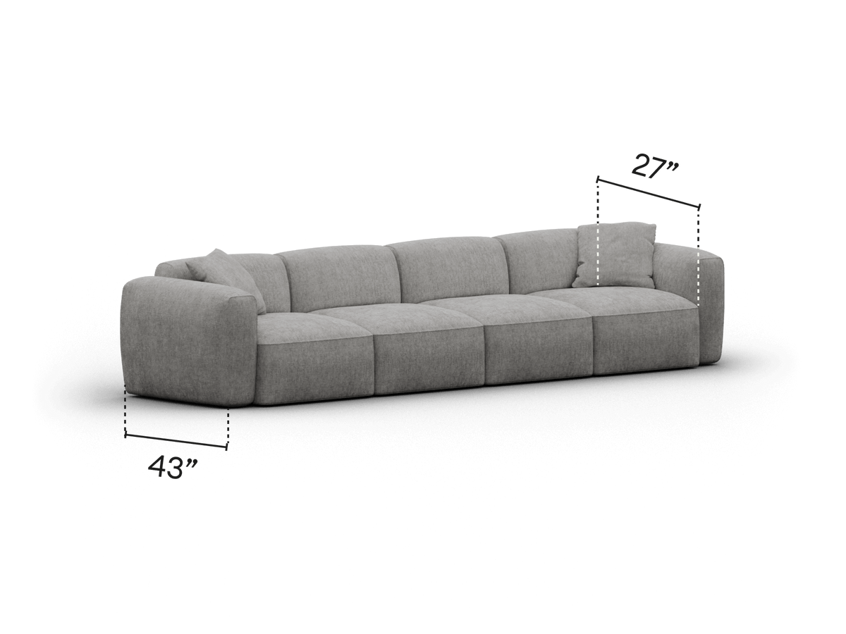 Premium modular grey fabric sectional sofa with plush cushioning, low-profile back, and sleek armrests. Designed for a contemporary living space.
