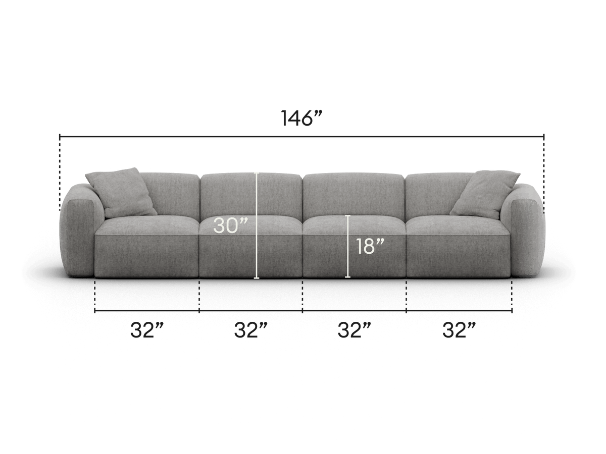 Luxurious grey modular fabric sofa with wide armrests and plush cushions, 146-inch width, ideal for contemporary living spaces.
