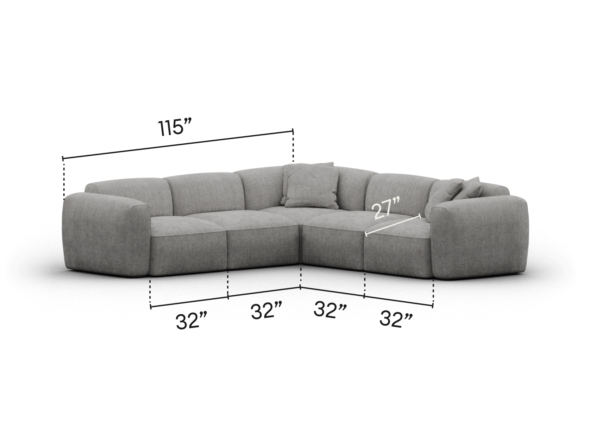 Premium L-shaped sectional sofa in light grey fabric with plush cushions. Features wide armrests and deep seating, perfect for a modern, sophisticated living room.
