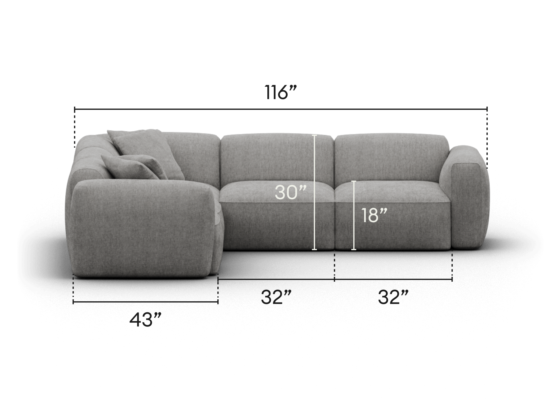 Luxurious grey sectional sofa, upholstered in premium fabric. Features a deep 30” seat and 18” backrest. Sleek design perfect for modern living rooms.