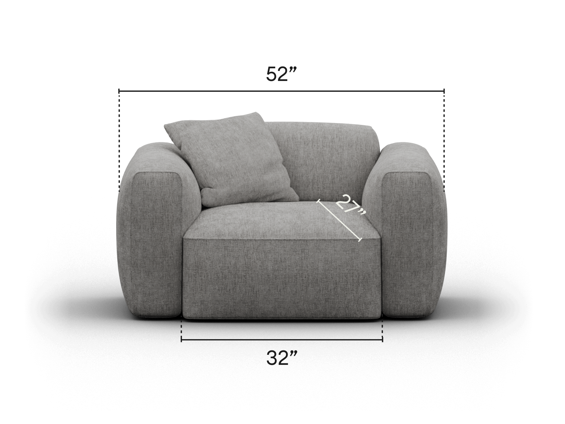 Luxurious grey armchair featuring plush upholstery, wide armrests, and a deep seat. Modern and inviting, perfect for upscale living spaces.