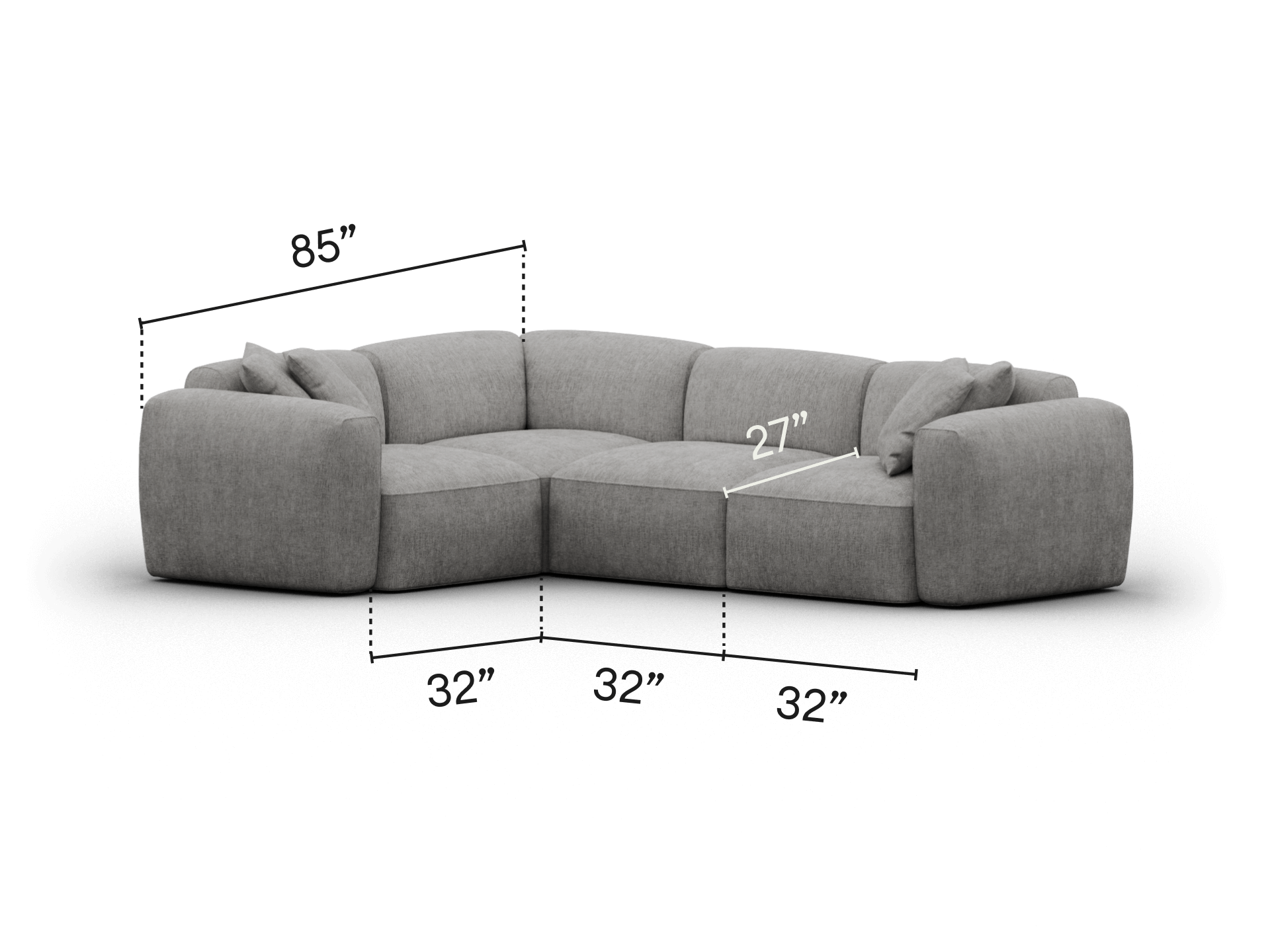 Modern grey sectional sofa in plush fabric with rounded cushions and a modular design. Features deep seating in a contemporary style perfect for luxury living spaces.