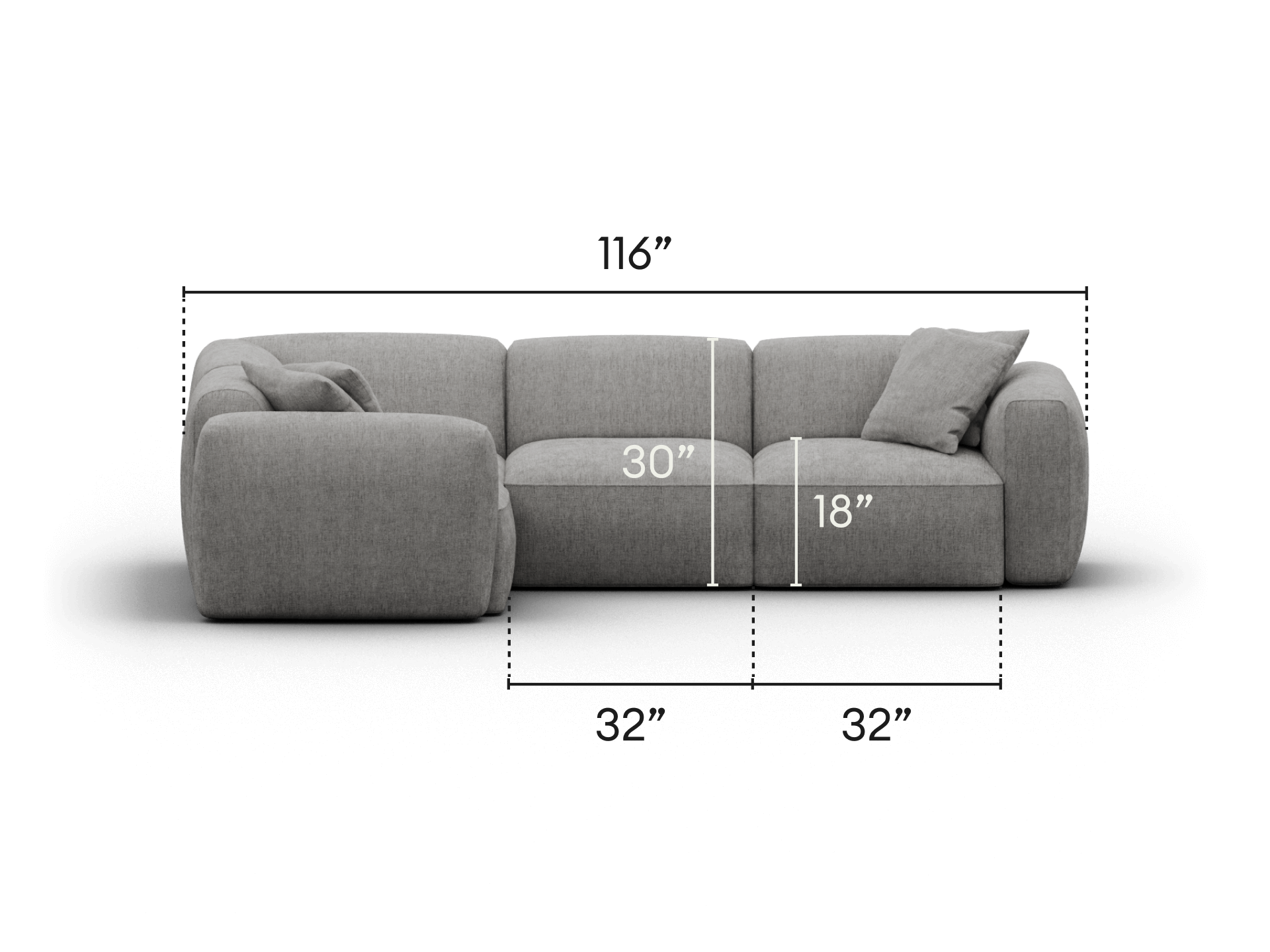 Luxury modular sofa in grey fabric, featuring plush cushions and a low-profile design. Dimensions highlight versatility in spacious living settings.