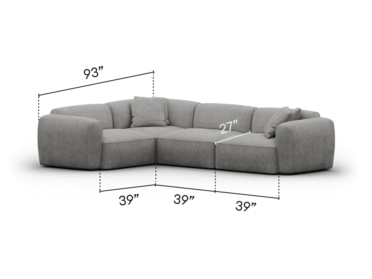 Modern grey sectional sofa, upholstered in premium fabric. Features deep seats, plush cushions, and a modular L-shaped design. Perfect for contemporary living rooms.