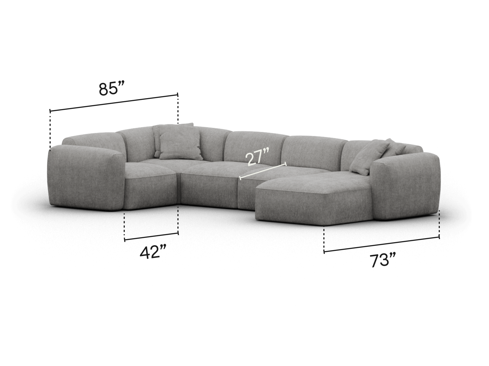 Luxurious modular sectional sofa in premium grey fabric, featuring plush cushions, deep seating, and a stylish L-shape design for modern living spaces.