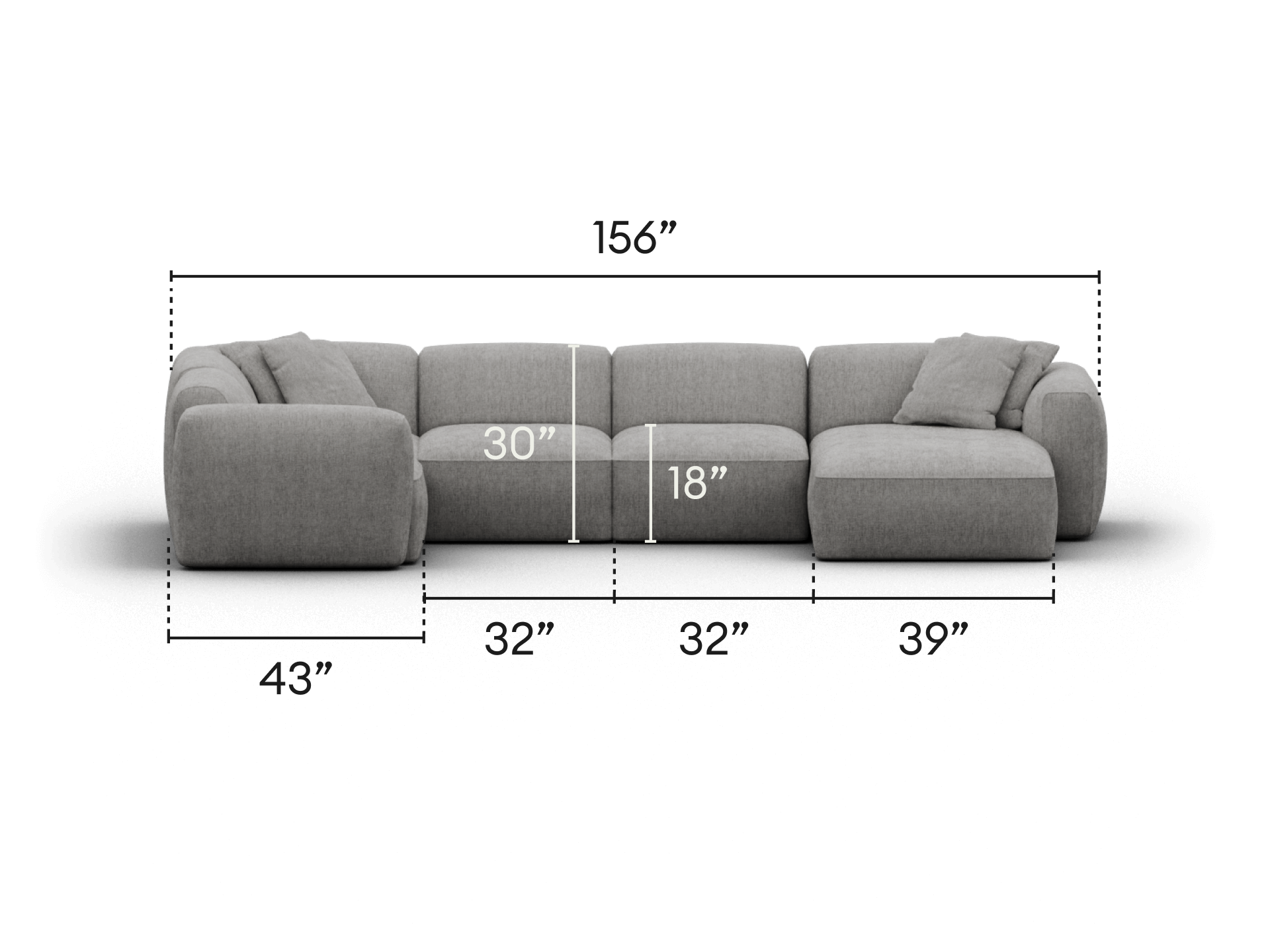 Luxurious grey sectional sofa, upholstered in premium fabric. Features plush cushions, modular design, and generous dimensions. Perfect for sophisticated lounges.