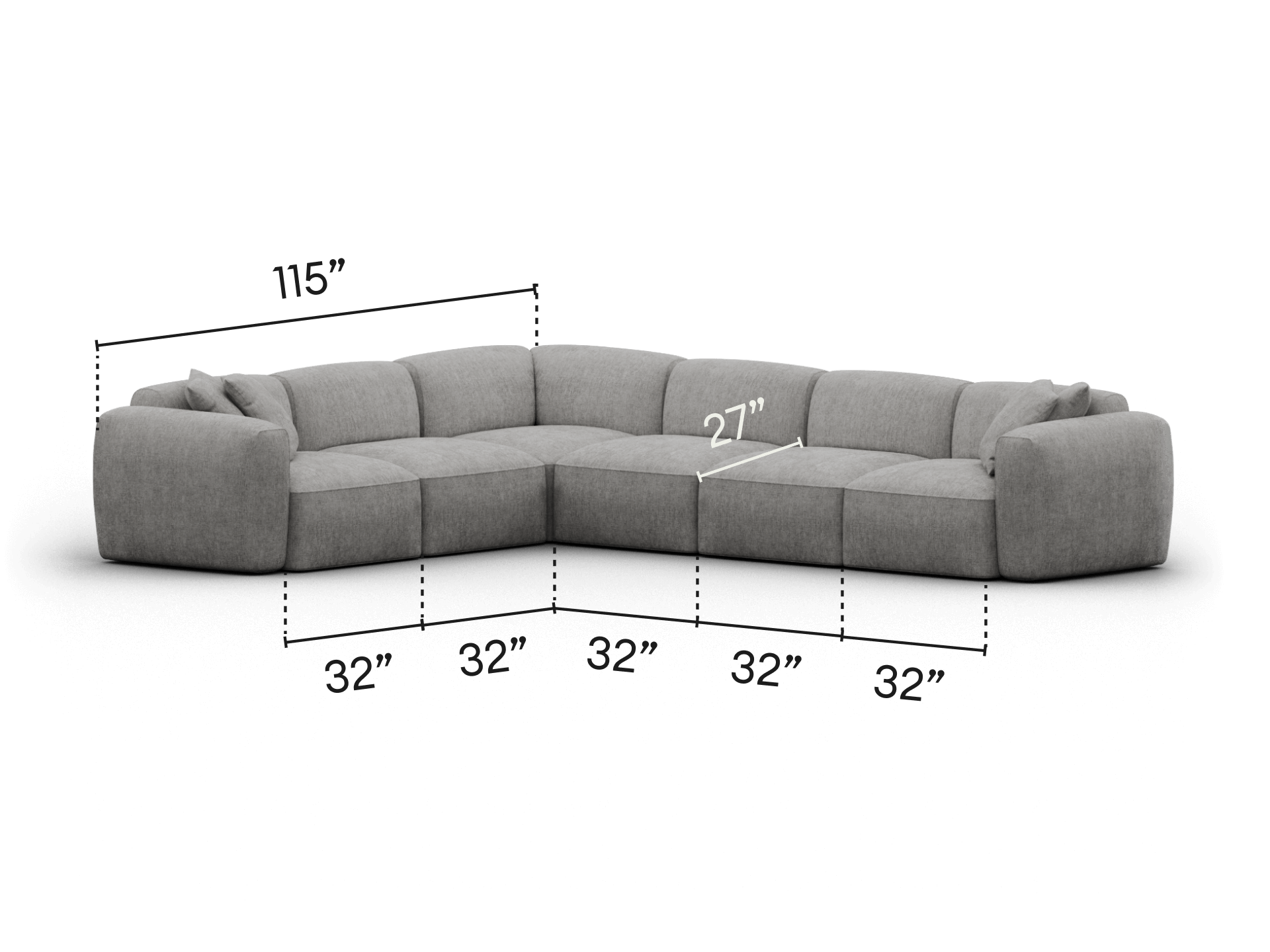 Luxurious grey modular sectional sofa in plush fabric. Features deep seats and a spacious, curved design. Ideal for a modern living room setting.