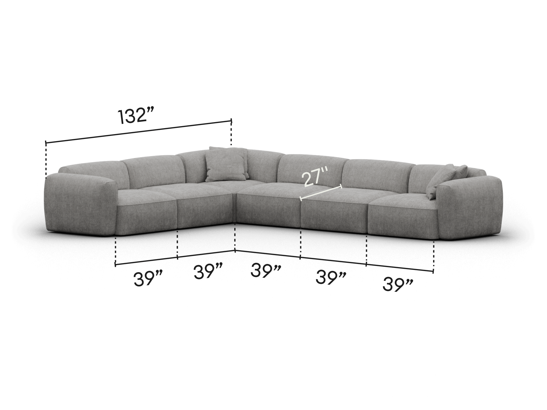 Luxury L-shaped sectional sofa in grey fabric, featuring plush cushions and deep seating. Perfect for spacious, contemporary living rooms requiring elegant comfort.