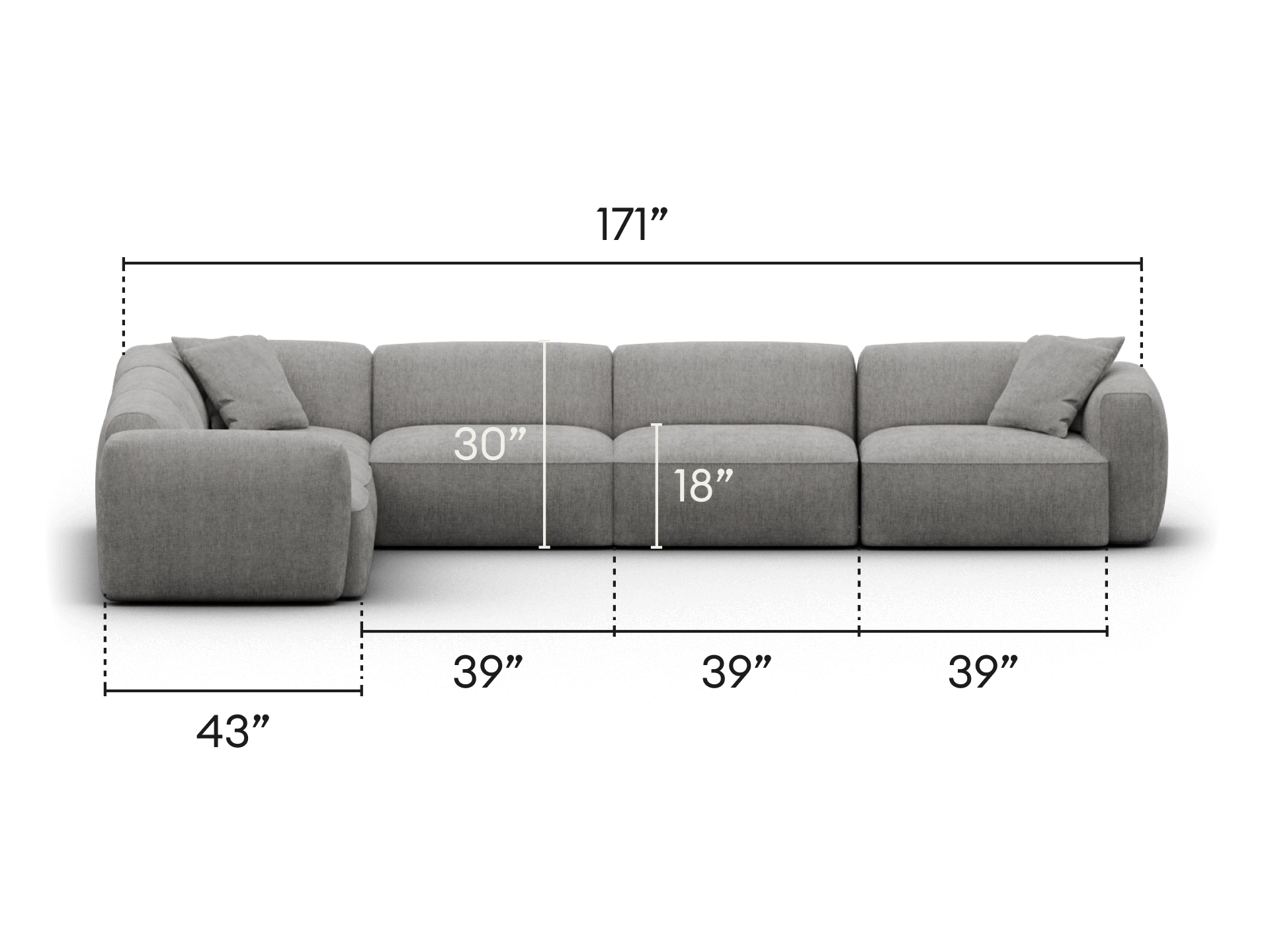 Elegant modular grey fabric sectional sofa with plush cushions, deep seating, and sleek lines, perfect for a refined living room setting.
