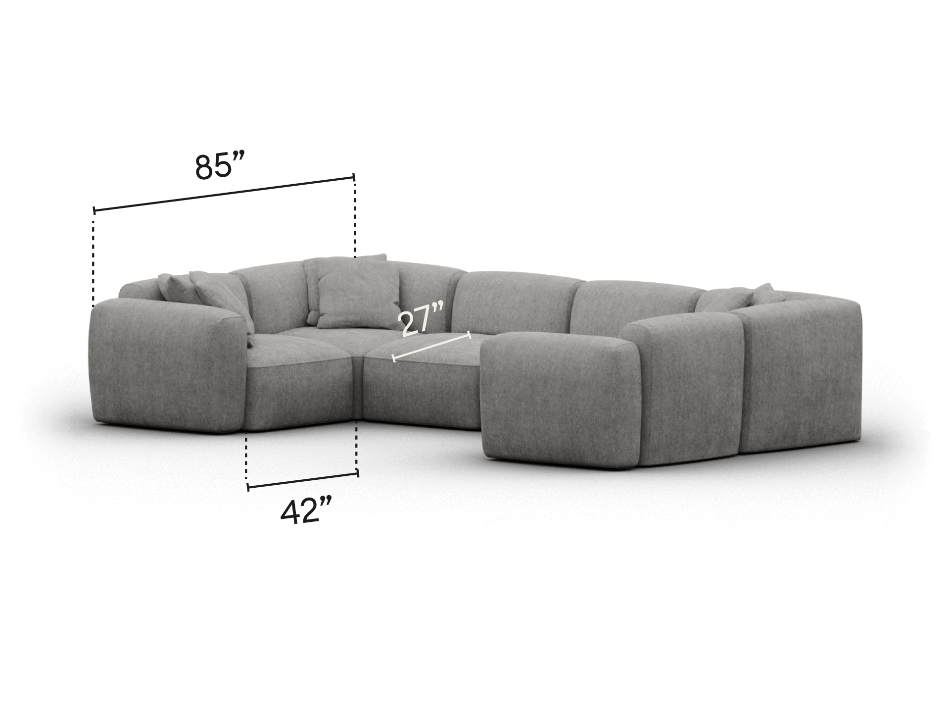 Elegant grey sectional sofa in premium fabric, featuring plush cushioning and a modern L-shape design. Perfect for sophisticated living spaces.
