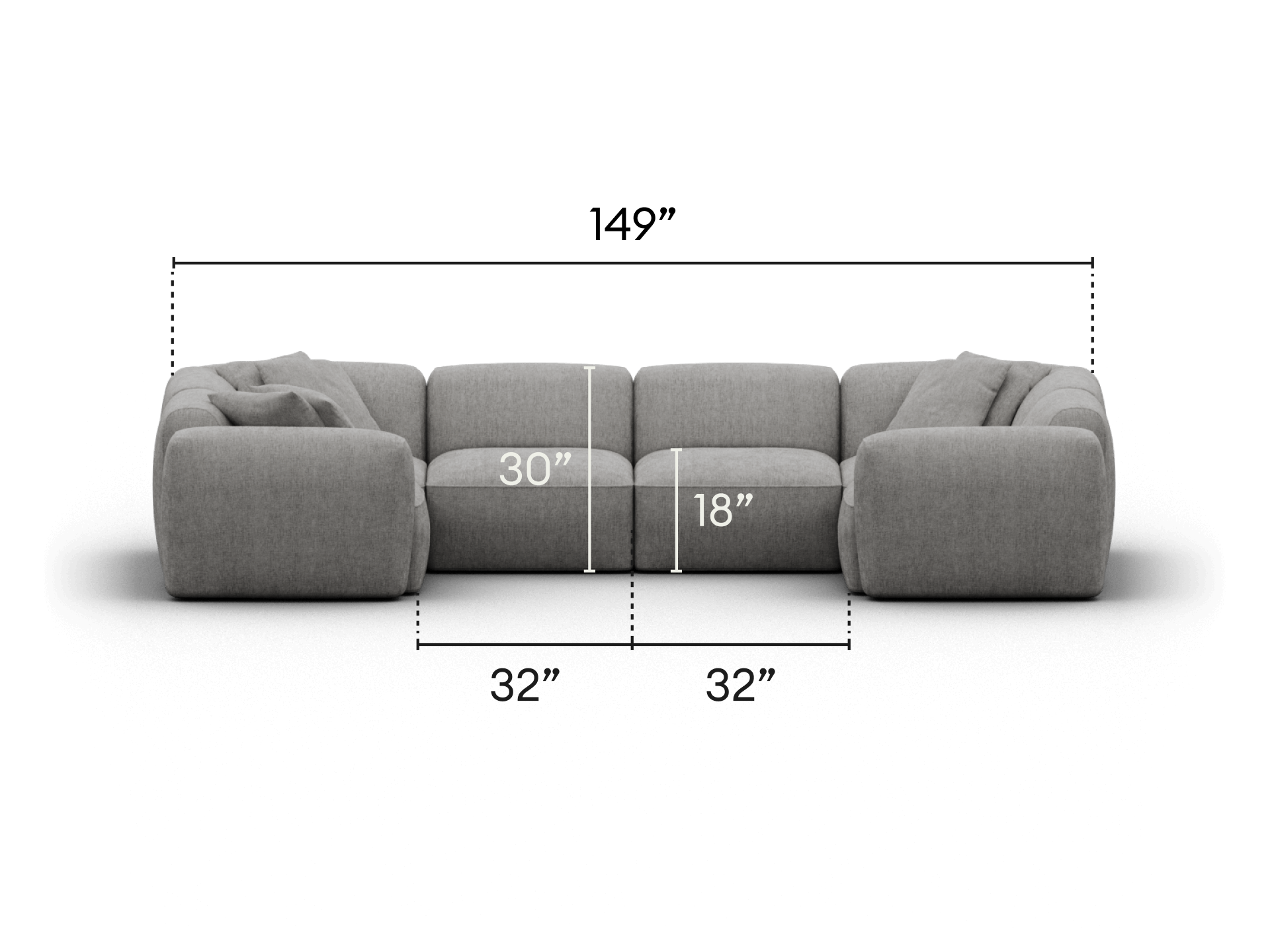 Luxurious modular sectional sofa in soft grey fabric, featuring deep seats and plush cushions, elegantly designed for a contemporary living room setting.