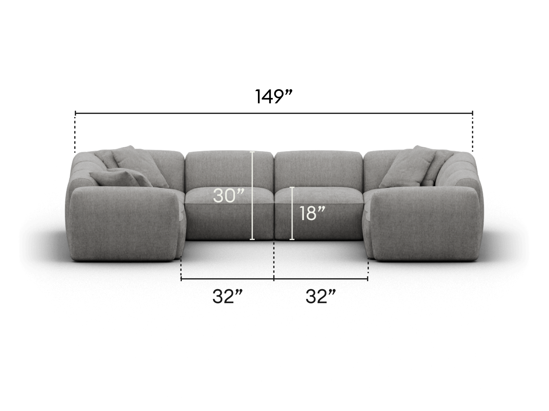 Luxurious modular sectional sofa in soft grey fabric, featuring plush cushions and deep seating. Designed for spacious, modern living rooms.
