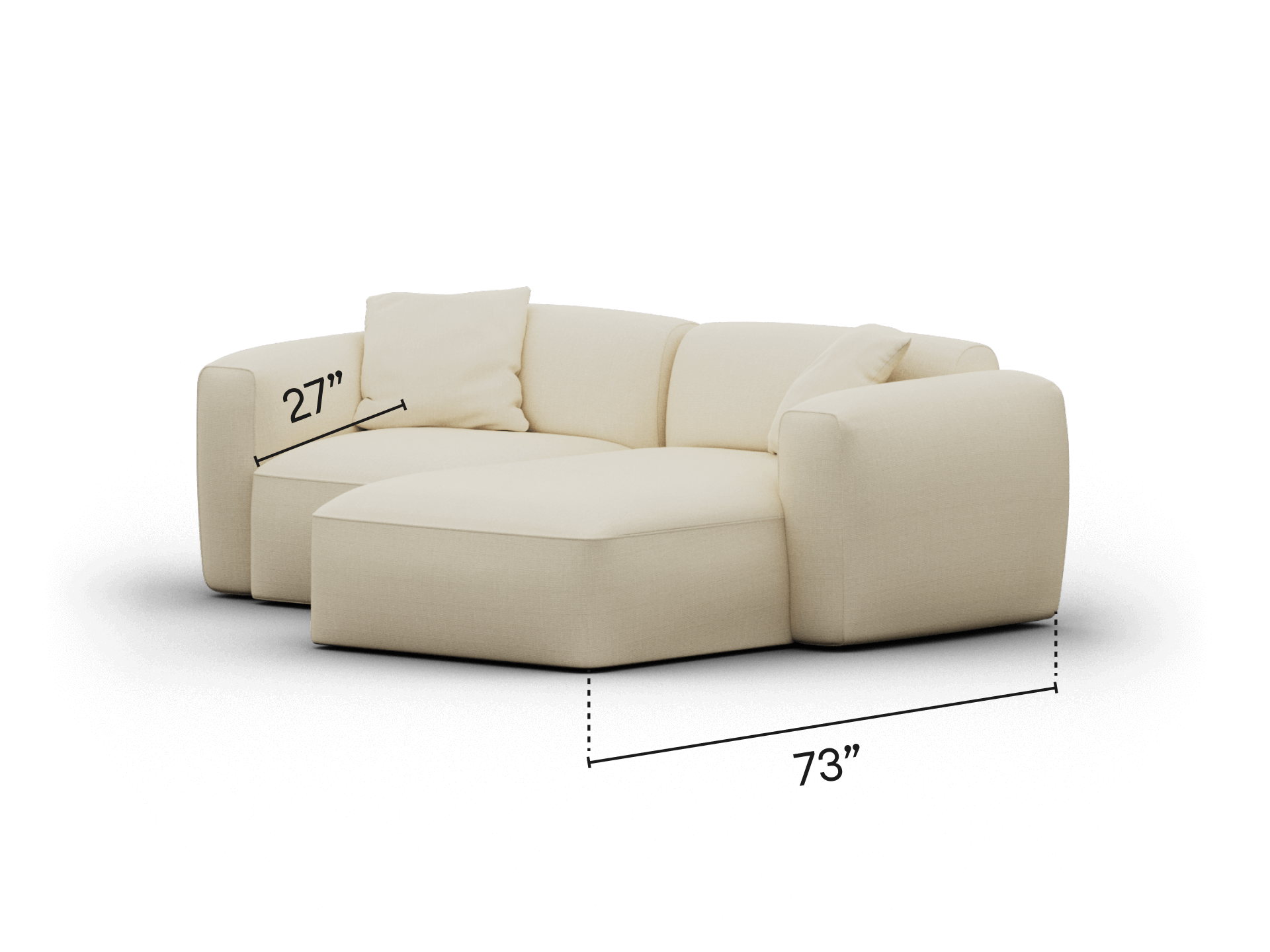 Cream modular sectional sofa in plush fabric, featuring a deep seat and curved armrests, set in a contemporary living space, perfect for luxury relaxation.