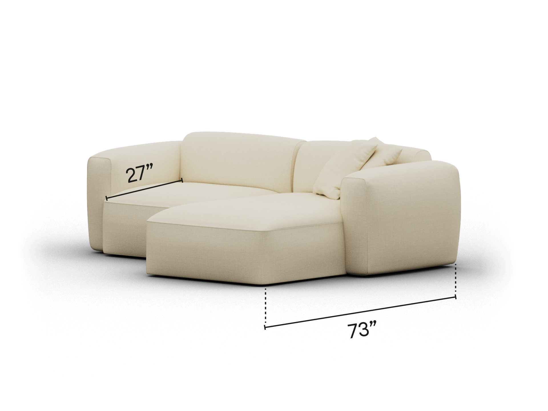 Luxurious cream-coloured sectional sofa in soft-textured fabric features plush cushions, modern low-profile design with a right-facing chaise, ideal for elegant living rooms.