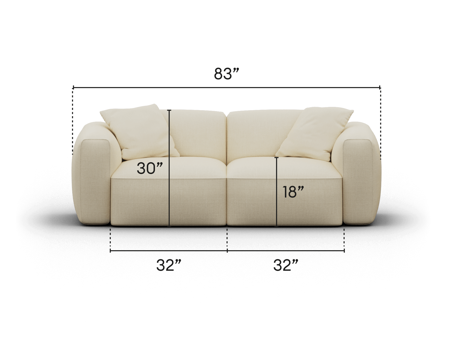 Luxurious cream-coloured sofa in premium fabric with plush cushions, featuring rounded arms. Perfectly sized for modern living, measuring 89" in width.