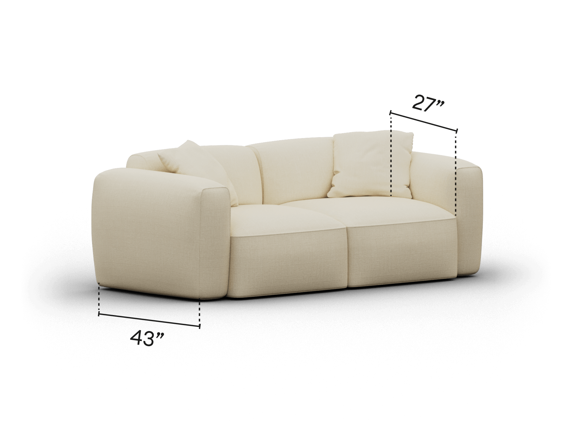 Cream modular sofa with plush, deep cushions and rounded arms. Upholstered in premium fabric, perfect for luxury modern living rooms. Measures 40"D x 27"H.
