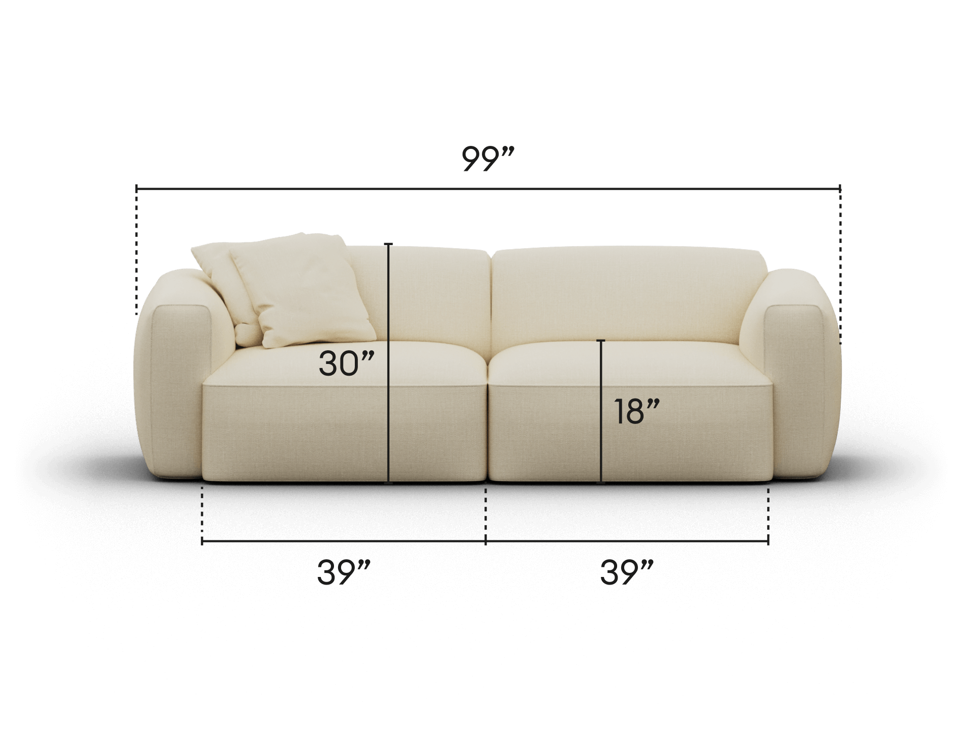 Luxurious modern sofa in cream fabric with plush cushioning and rounded armrests, featuring a spacious 99-inch width. Perfect for an upscale living area.