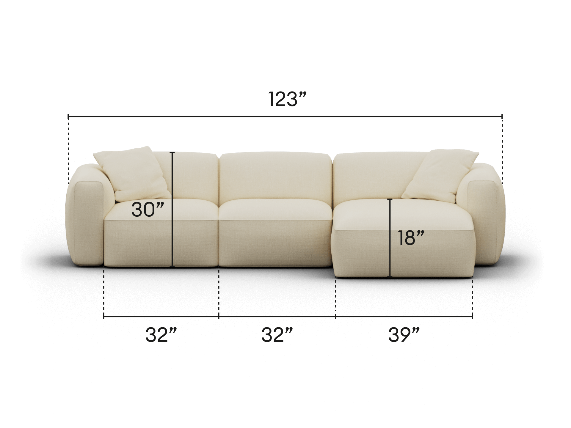 Luxurious cream sectional sofa in premium fabric, featuring a chaise lounge. Plush cushioning, elegant curves, and generous dimensions enhance modern living spaces.