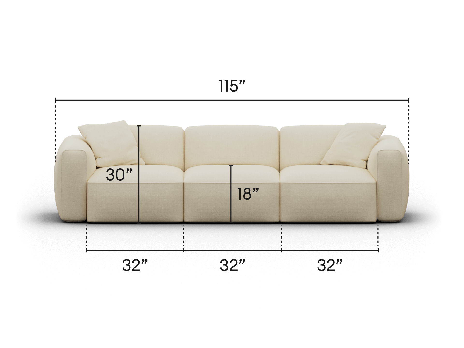 Elegant, ivory three-seater sofa with plush upholstery, track arms, and luxurious comfort. Ideal for contemporary living spaces. Dimensions: 115" x 30" x 18".