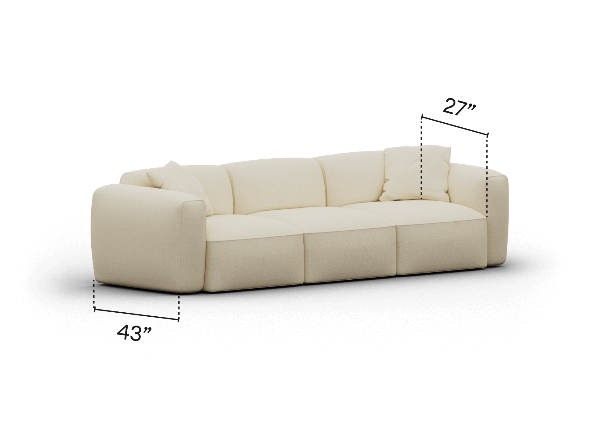 Beige modular sofa featuring plush upholstery and deep seating; minimalist design with wide armrests; perfect for a sophisticated living room setting.