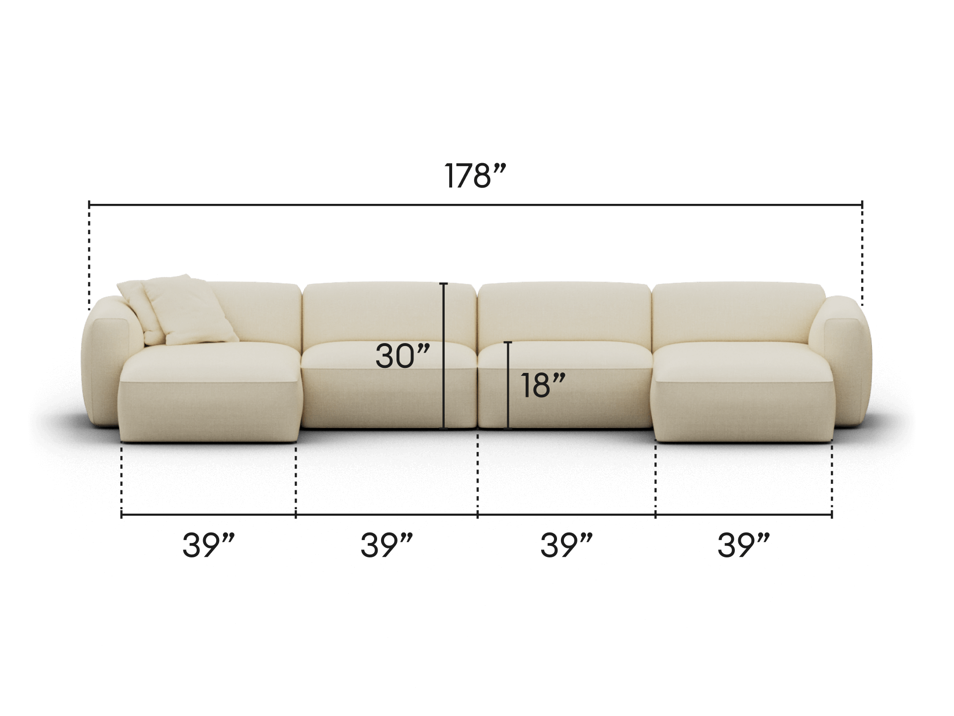 Luxurious modular sofa, upholstered in cream fabric. Features plush cushions, rounded armrests, and a spacious chaise. Perfect for contemporary living spaces.