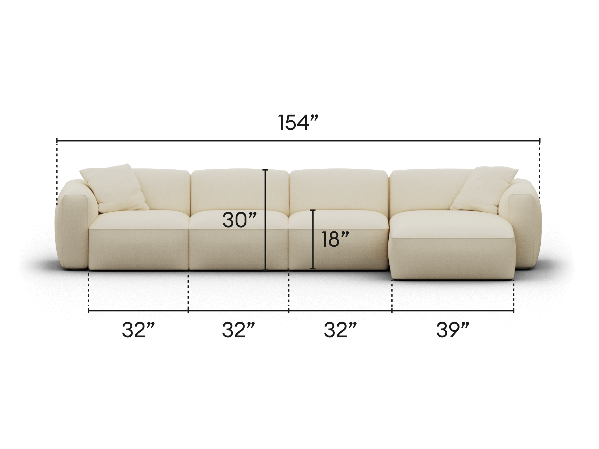 Luxurious cream modular sofa with plush cushions, fabric upholstery, and wide armrests. Exquisite for a contemporary living space. Dimensions detailed.